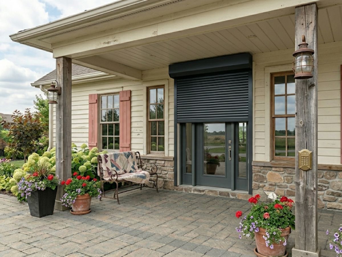 A rolling shutter door stands slightly ajar on the front porch of a classic farmhouse.