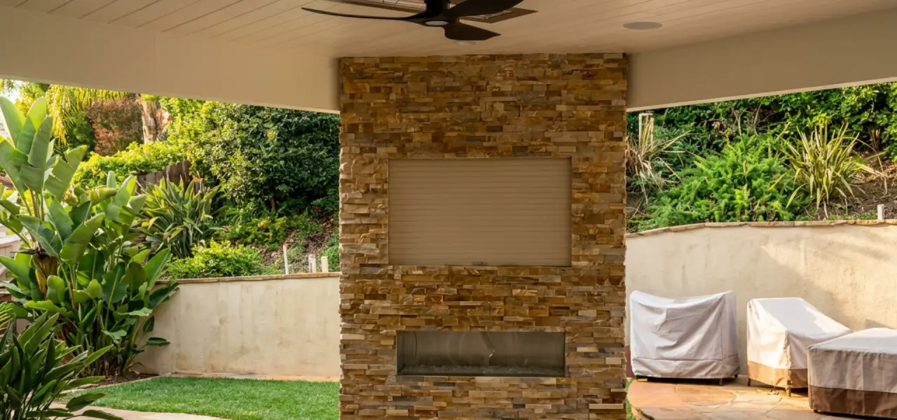 A family eats lunch at an outdoor dining area with an installed rolling sun screen.