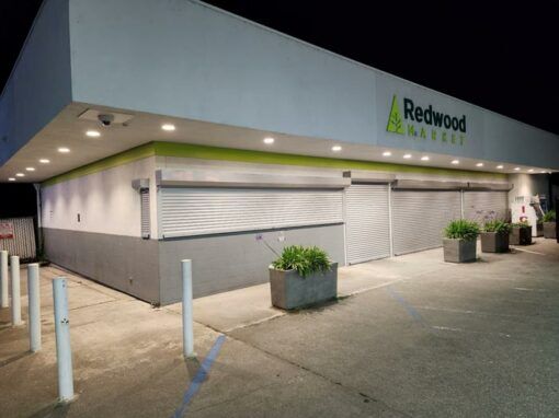 Redwood Market building in Eureka with security shutters